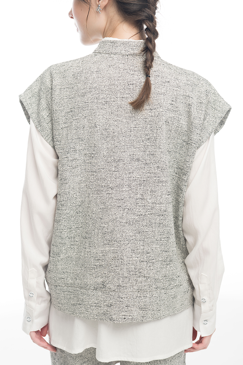 Cap-Sleeved Utility Tweed Top In Soft Grey