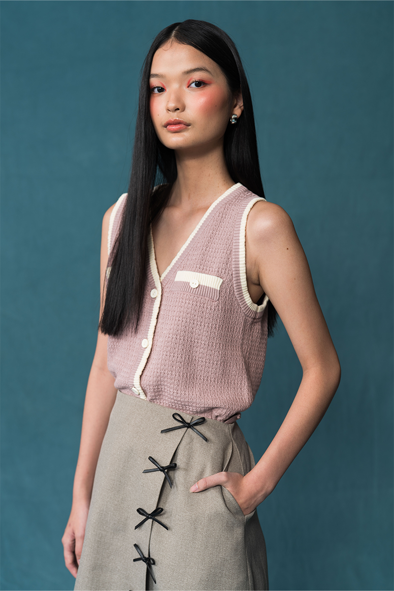 Knitted Top With Contrast Piping In Mauve Pink