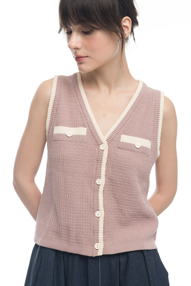 Knitted Top With Contrast Piping In Mauve Pink