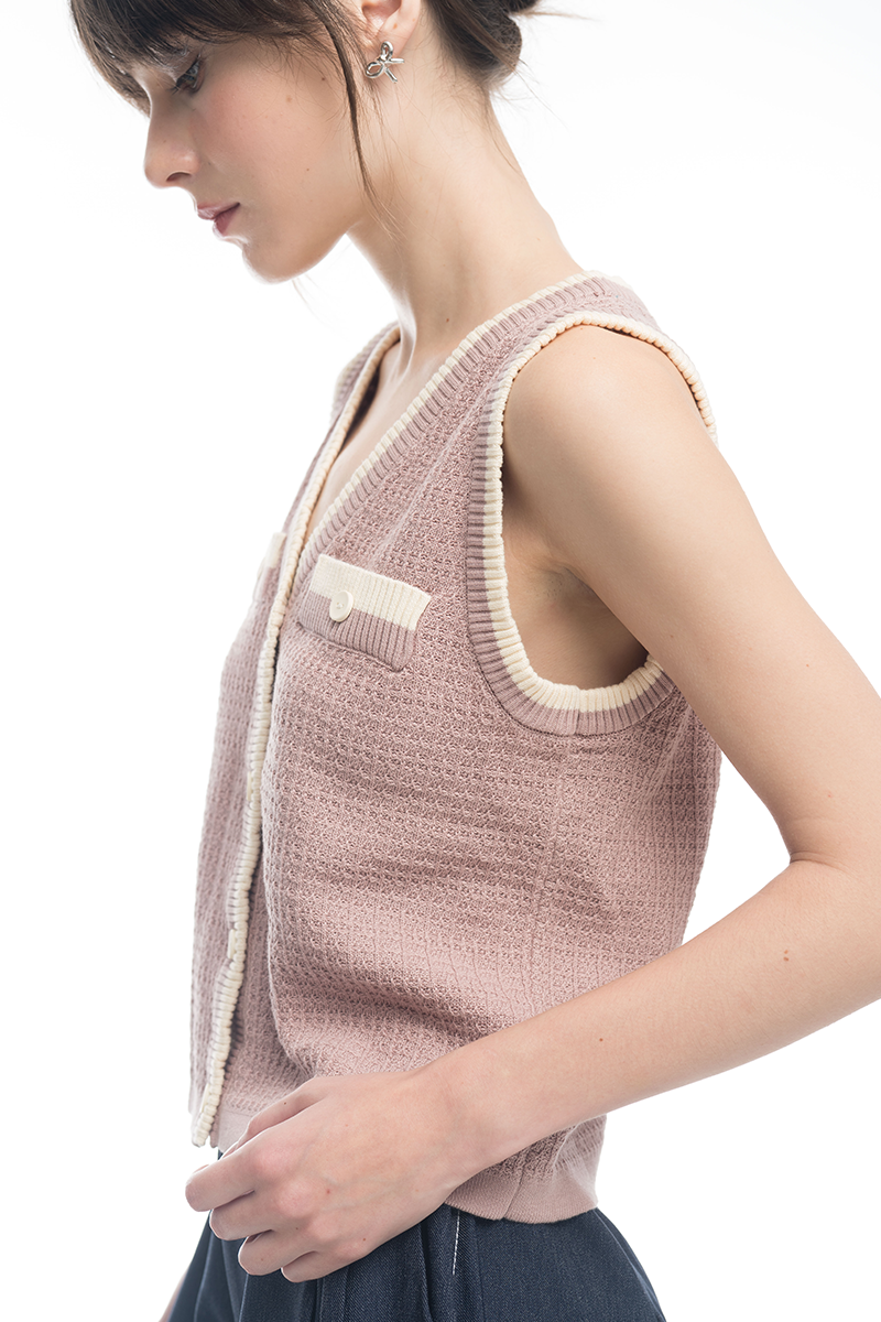 Knitted Top With Contrast Piping In Mauve Pink