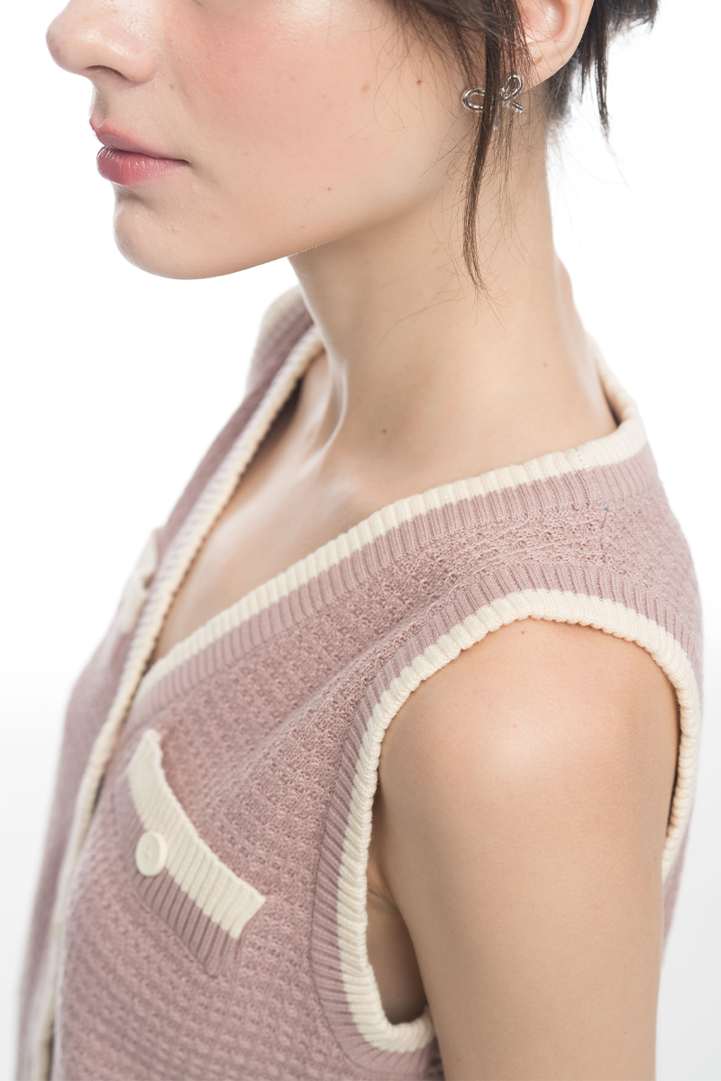 Knitted Top With Contrast Piping In Mauve Pink