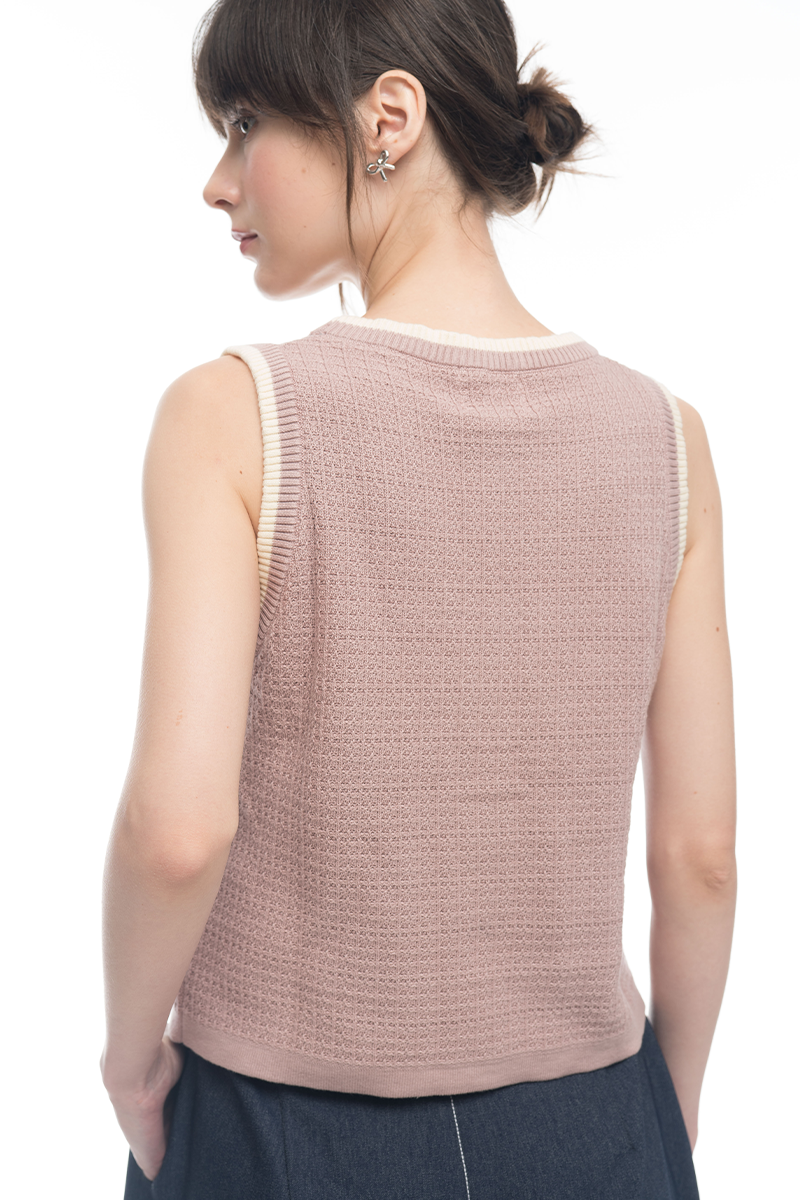 Knitted Top With Contrast Piping In Mauve Pink
