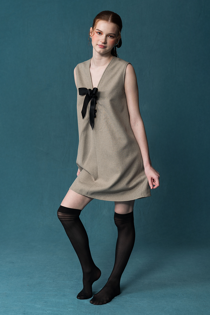 Lace-Up Ribbon Dress In Taupe