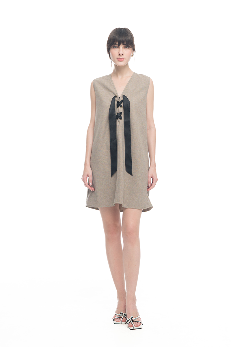 Lace-Up Ribbon Dress In Taupe