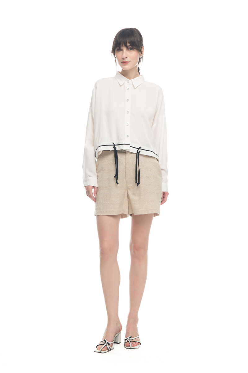 Ribbon Drawstring Cropped Shirt In White