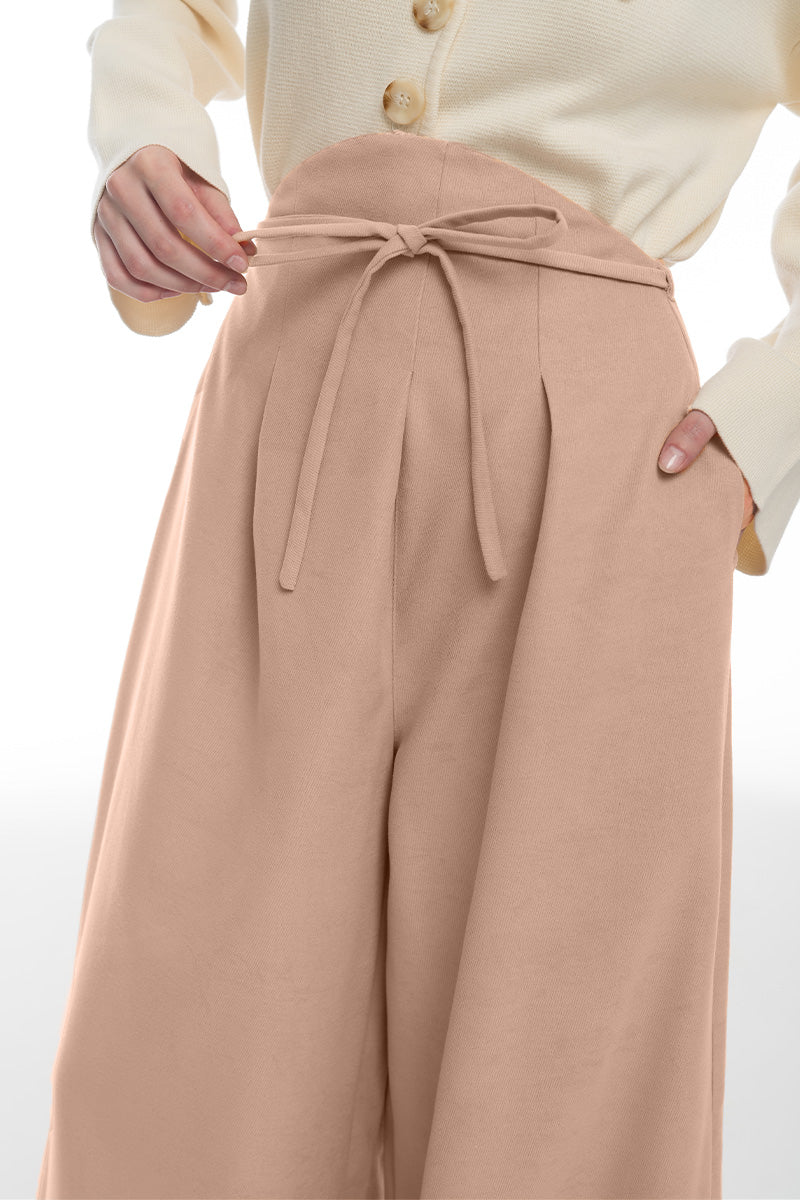 Bow Belt Wide Leg Pants In Camel