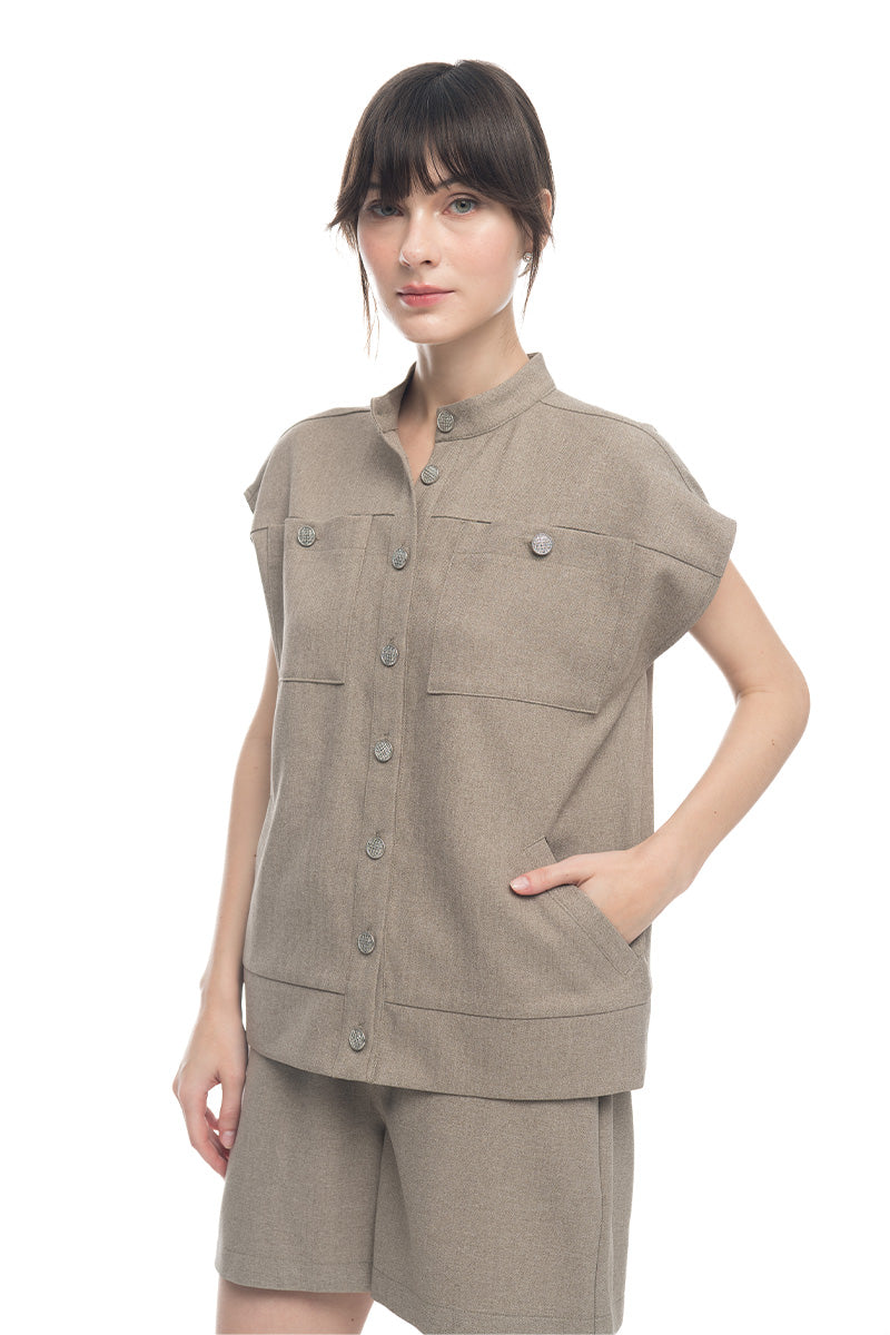 Cap-Sleeved Utility Top In Taupe