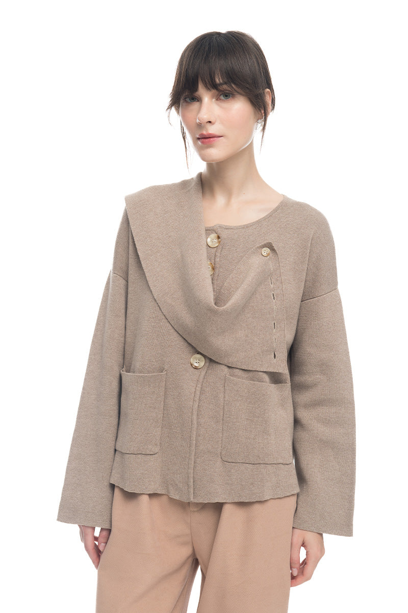Knitted Top With Detachable Shawl In Latte Brown