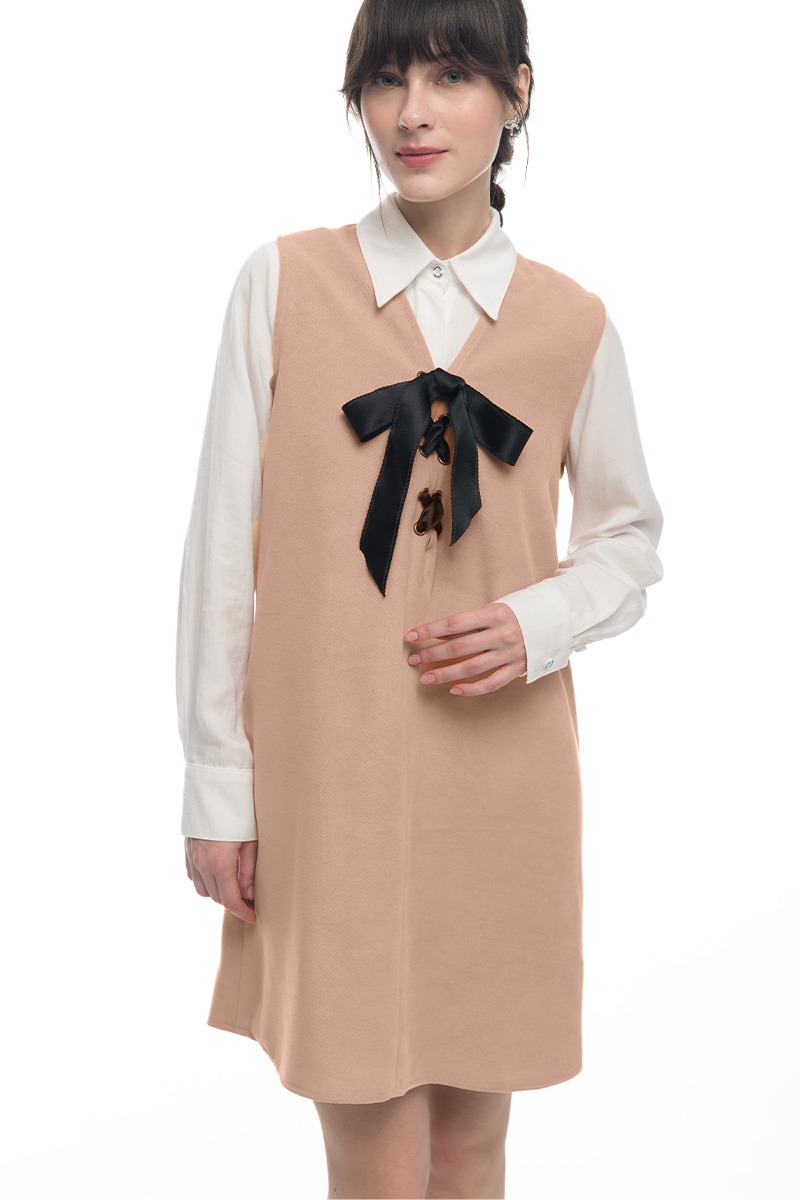 Lace-Up Ribbon Dress In Camel