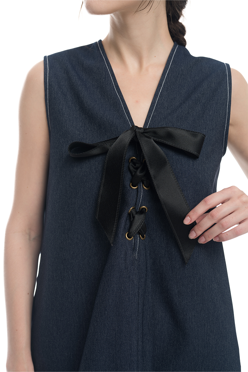 Lace-Up Ribbon Dress In Denim Blue