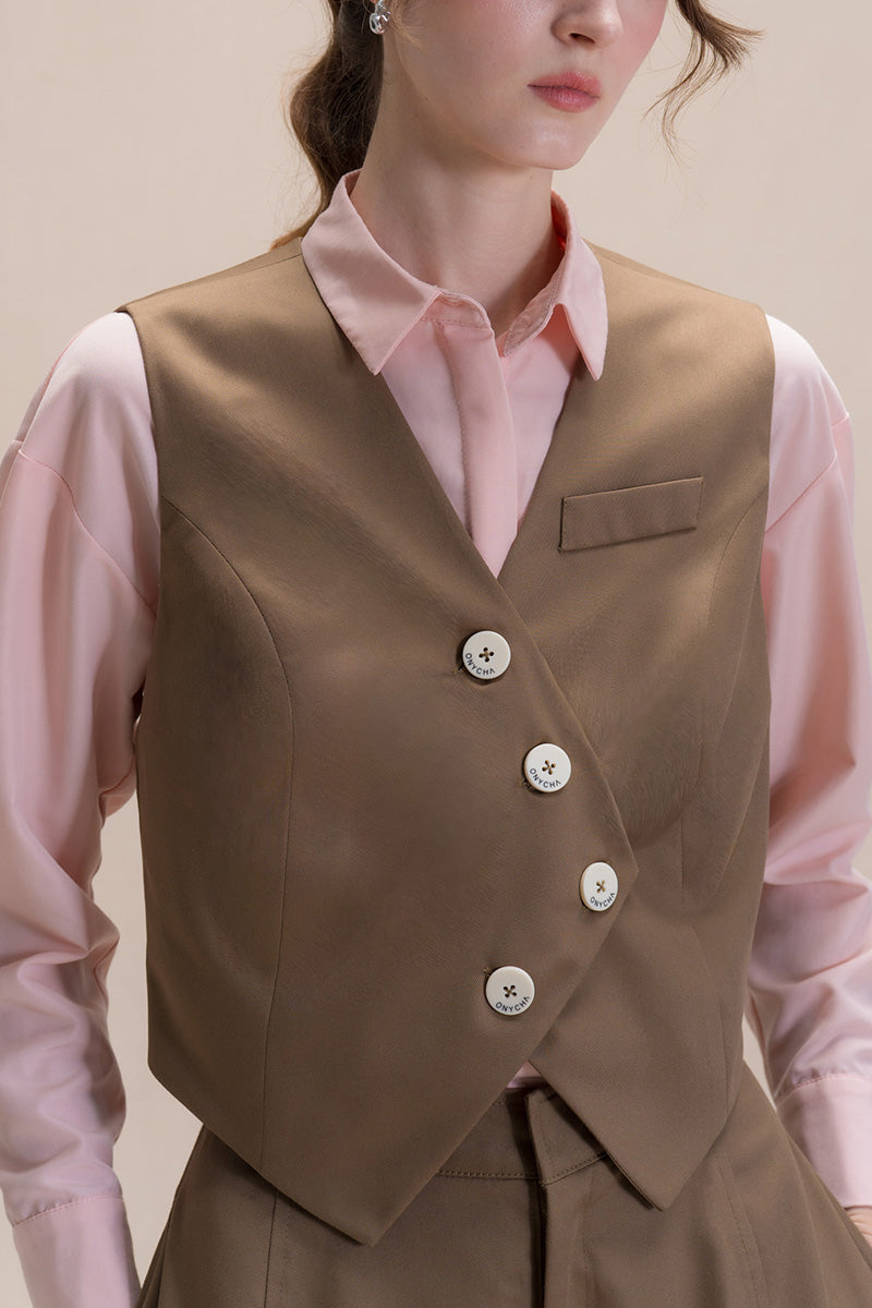 Asymmetric Buttoned Vest In Toffee Brown