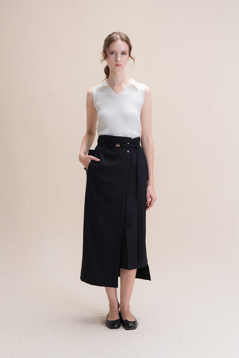 Asymmetric Wrap Midi Skirt In Black
