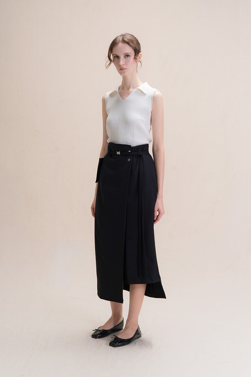 Asymmetric Wrap Midi Skirt In Black