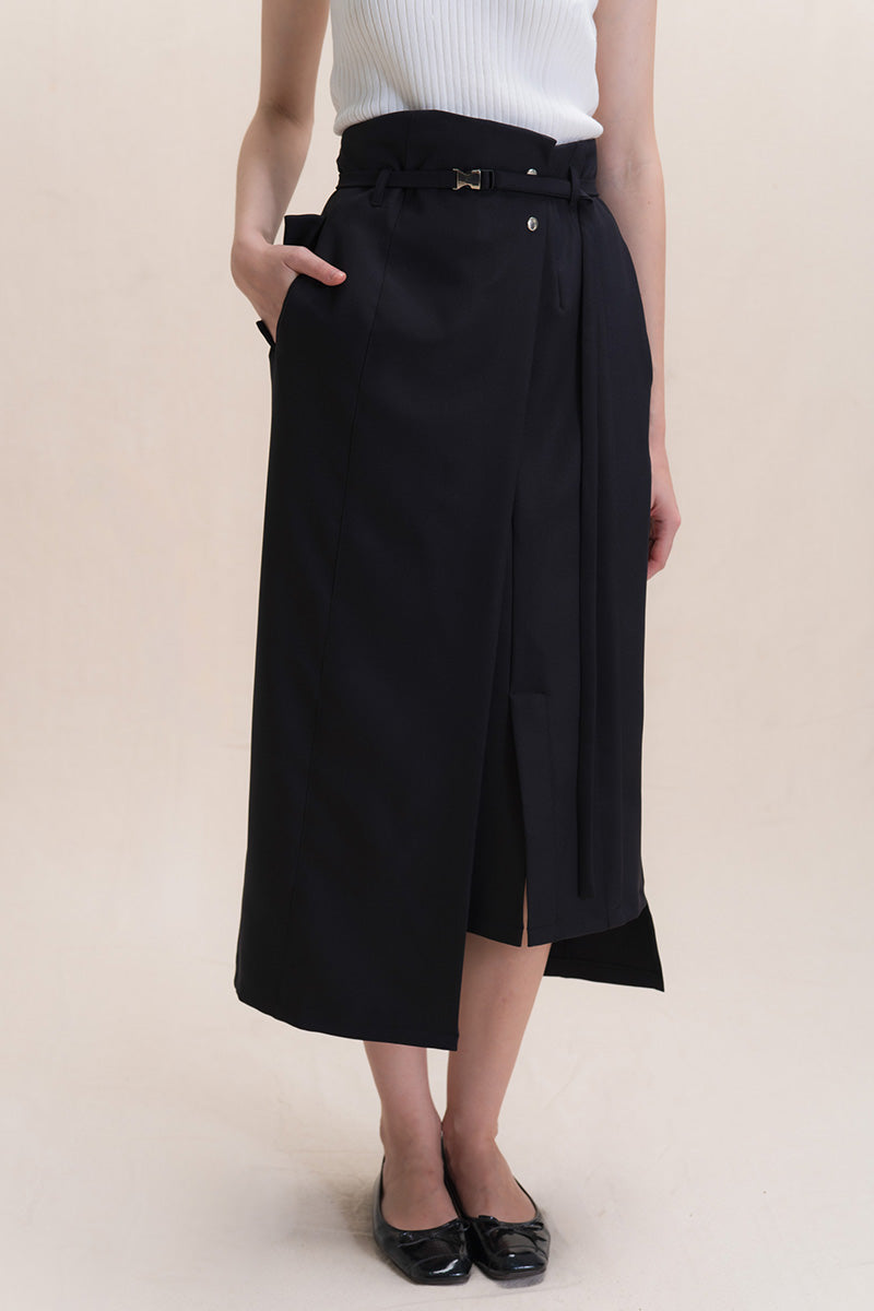 Asymmetric Wrap Midi Skirt In Black