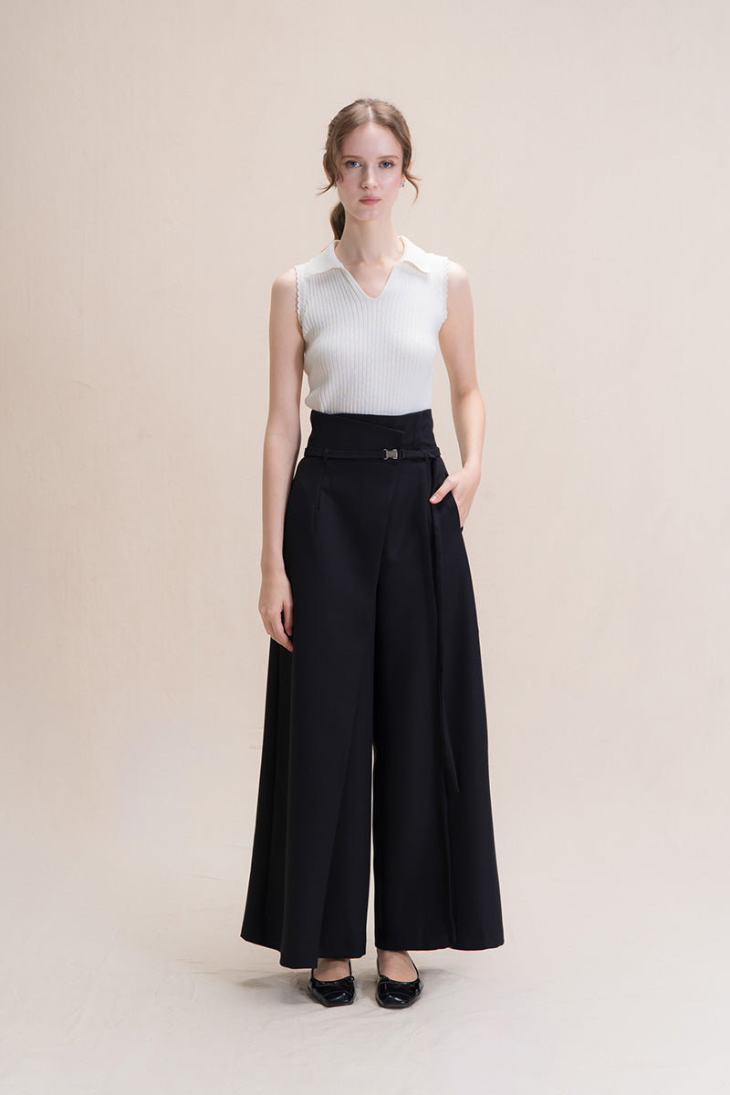 Asymmetric Wrap Wide Leg Pants In Black