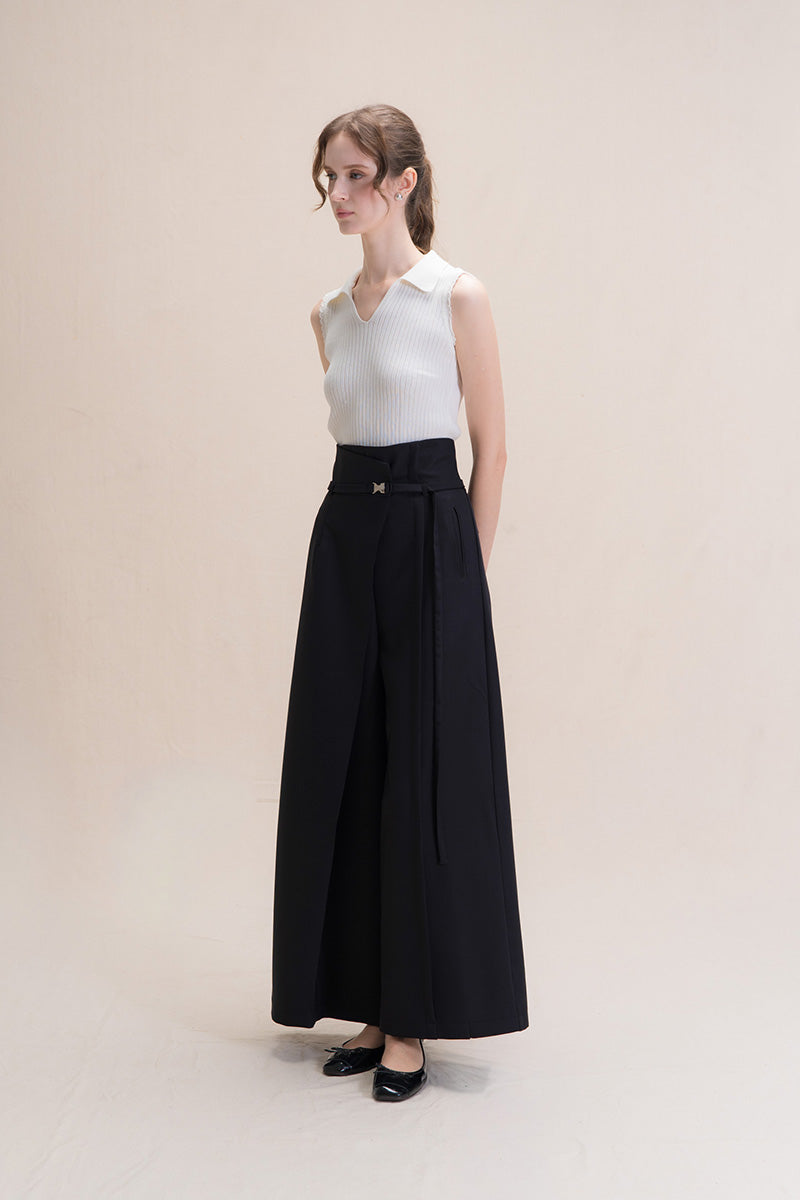 Asymmetric Wrap Wide Leg Pants In Black