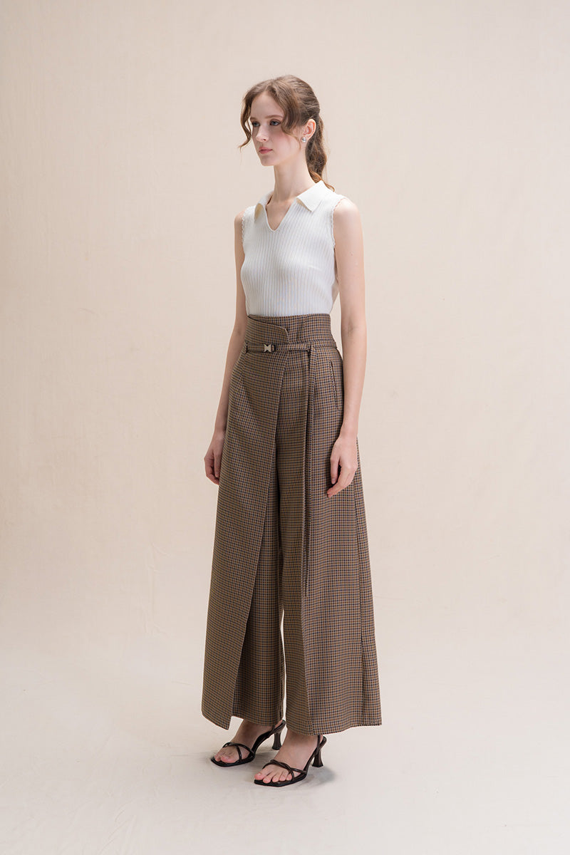 Asymmetric Wrap Wide Leg Pants In Brown Houndstooth