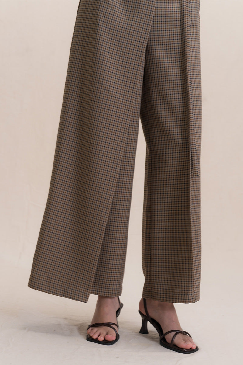 Asymmetric Wrap Wide Leg Pants In Brown Houndstooth