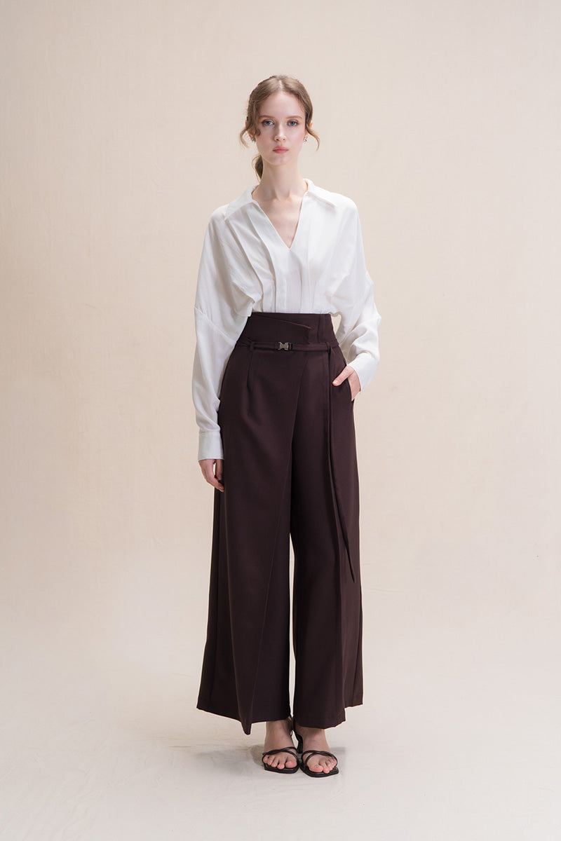 Asymmetric Wrap Wide Leg Pants In Dark Brown