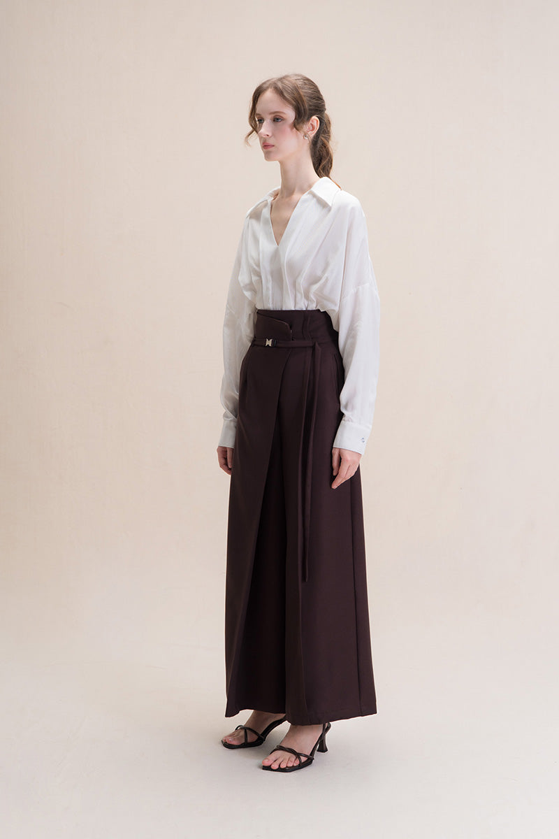 Asymmetric Wrap Wide Leg Pants In Dark Brown