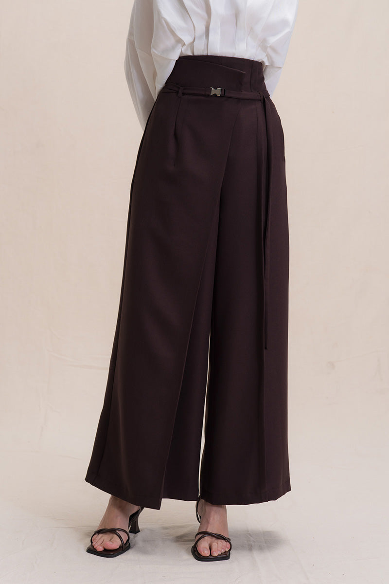 Asymmetric Wrap Wide Leg Pants In Dark Brown