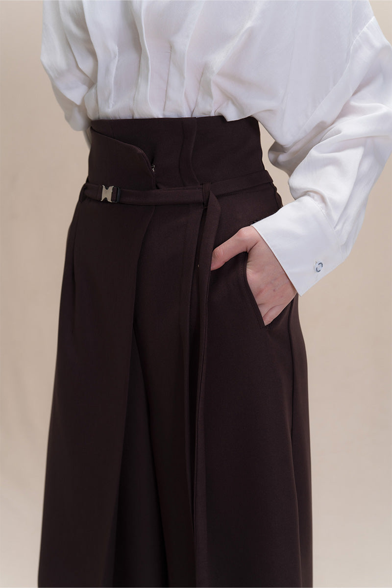 Asymmetric Wrap Wide Leg Pants In Dark Brown