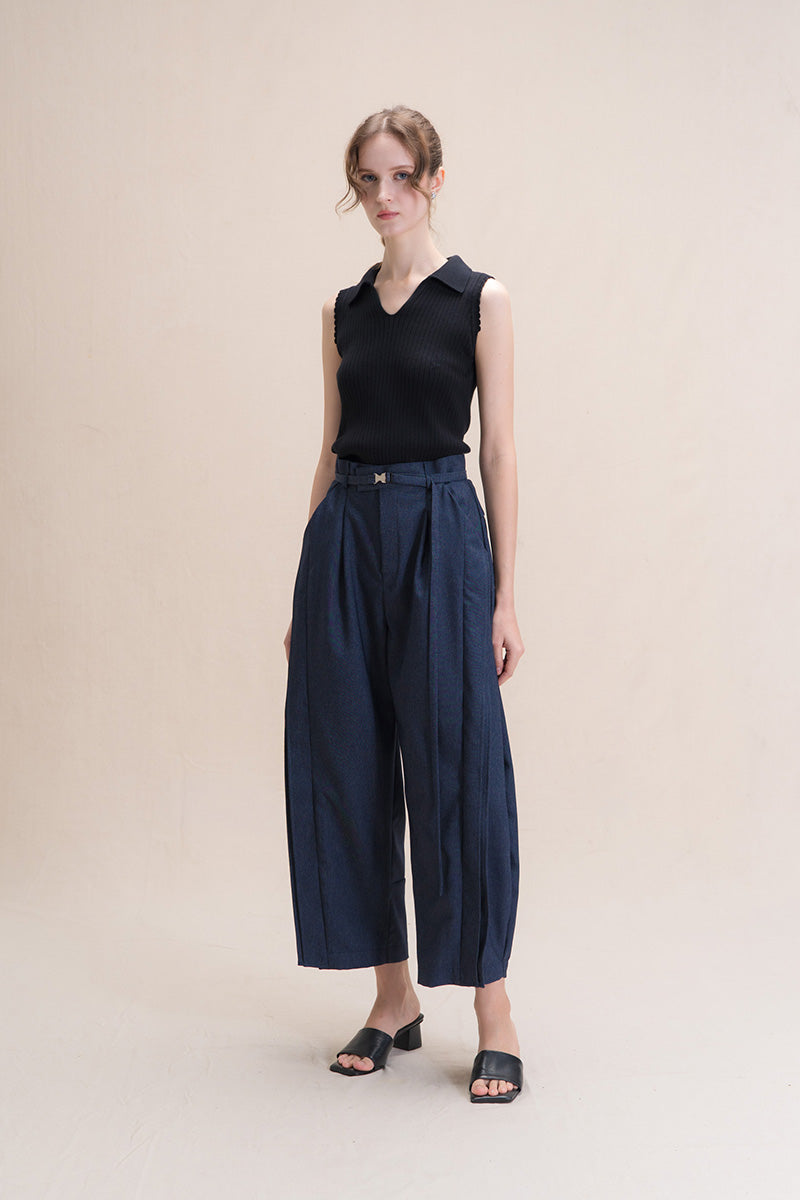 Barrel Pants With Buckle Belt And Side Stripes In Denim Blue