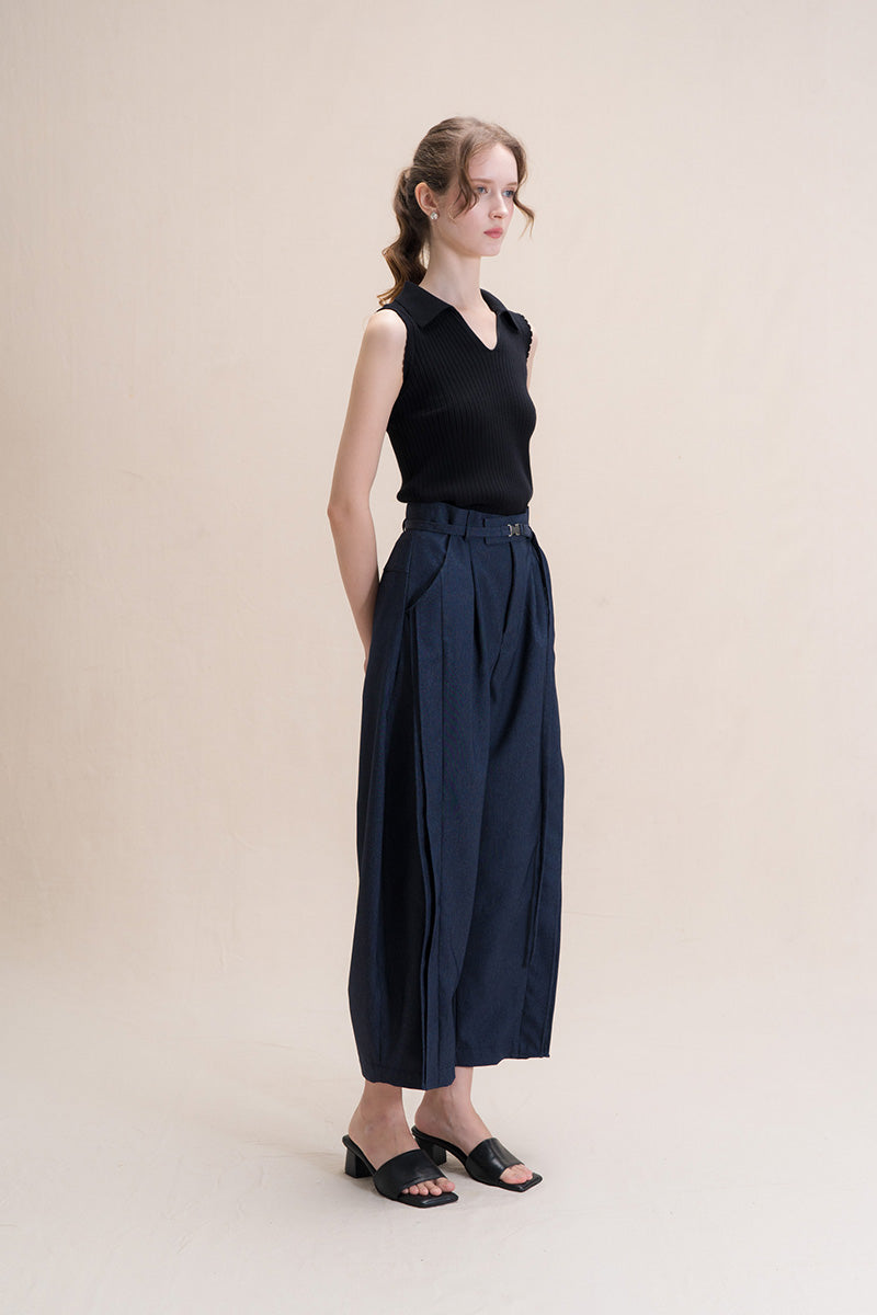 Barrel Pants With Buckle Belt And Side Stripes In Denim Blue