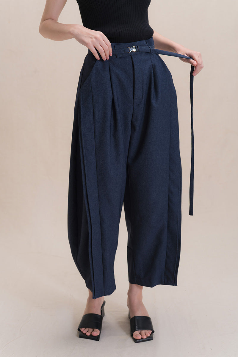 Barrel Pants With Buckle Belt And Side Stripes In Denim Blue