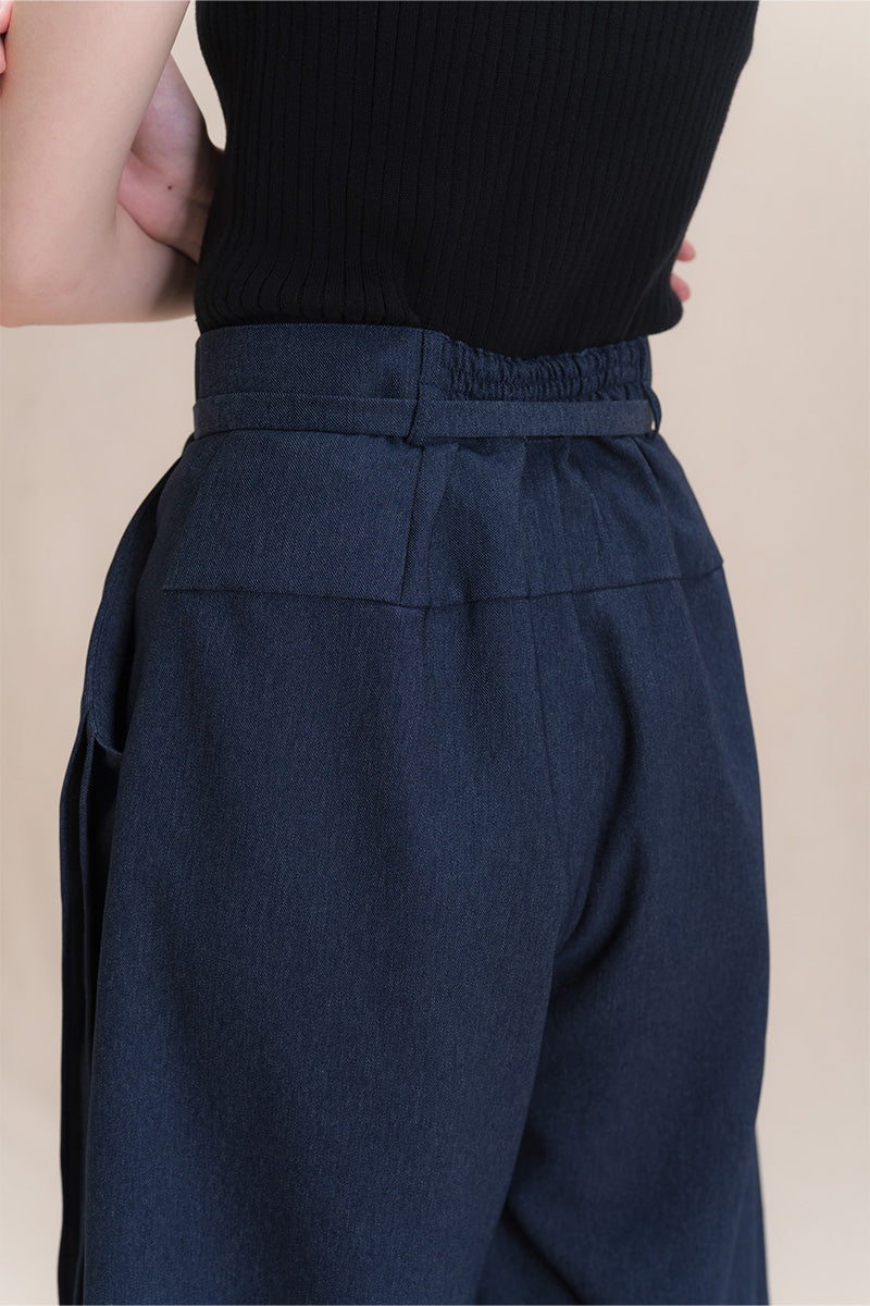 Barrel Pants With Buckle Belt And Side Stripes In Denim Blue