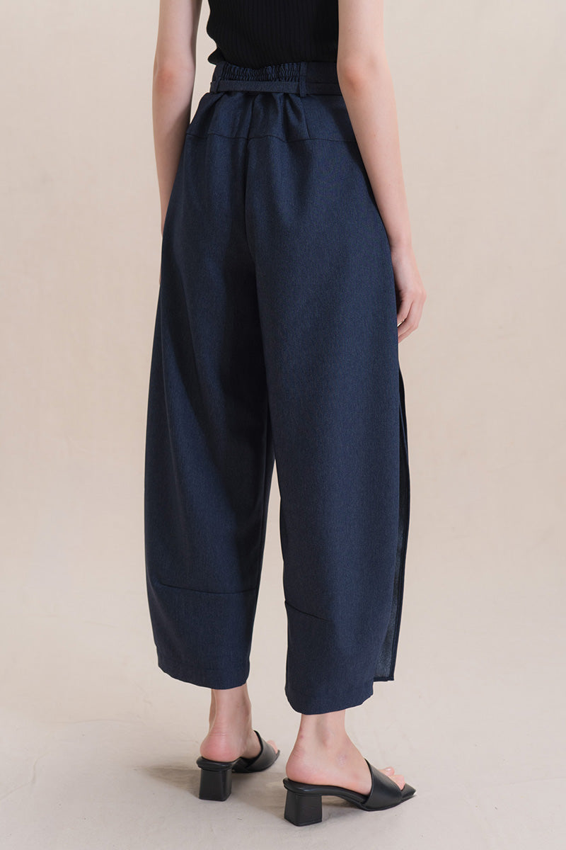 Barrel Pants With Buckle Belt And Side Stripes In Denim Blue