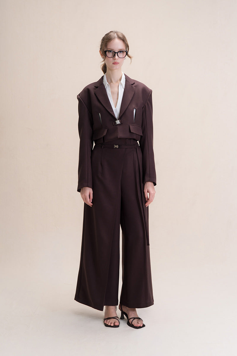 Buckle Cropped Blazer In Dark Brown
