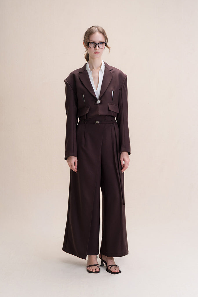 Buckle Cropped Blazer In Dark Brown