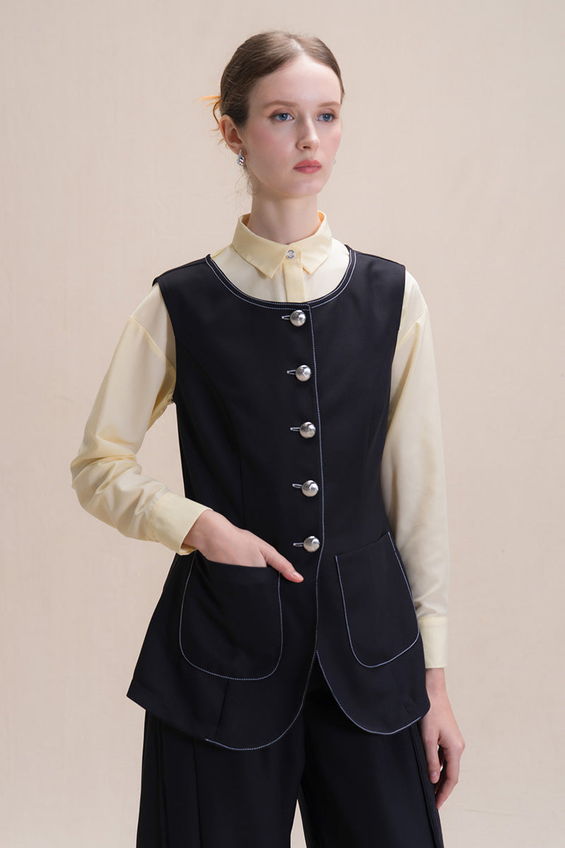 Contrast Topstitch Vest In Black