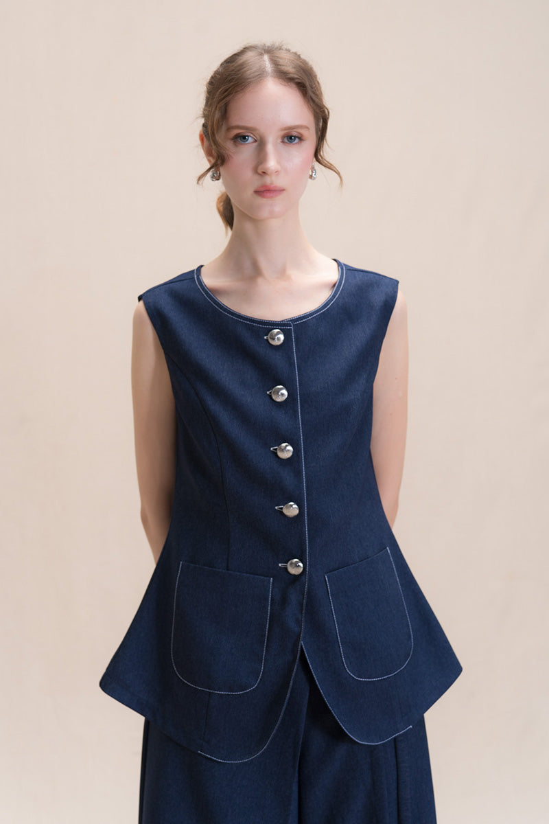 Contrast Topstitch Vest In Denim Blue