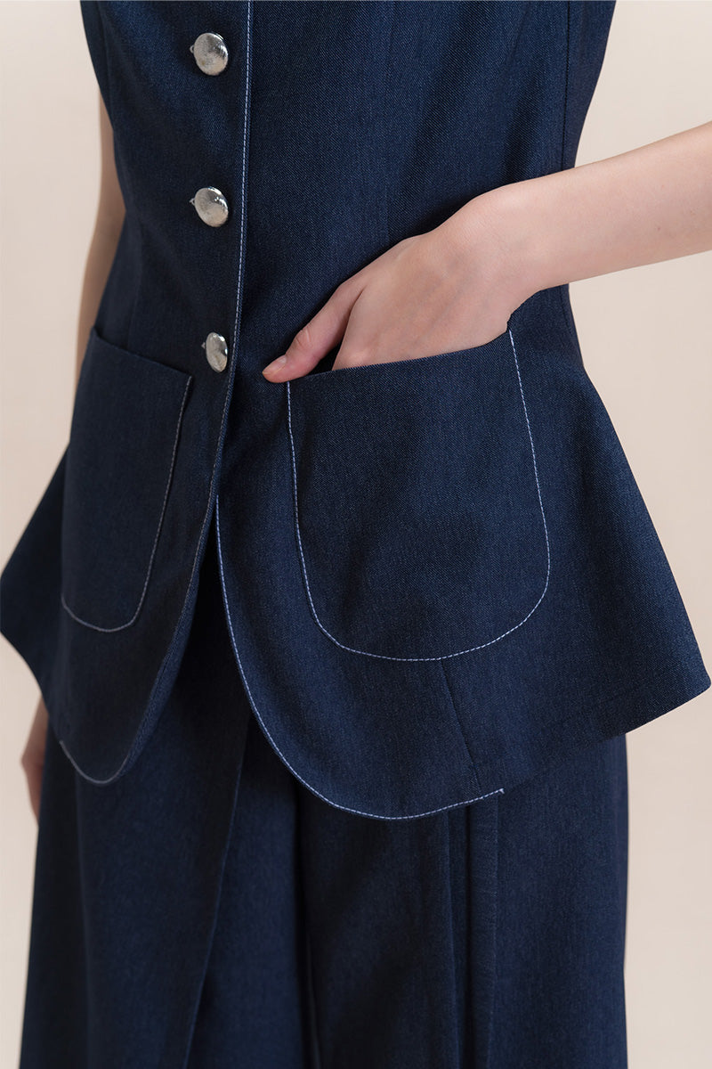 Contrast Topstitch Vest In Denim Blue