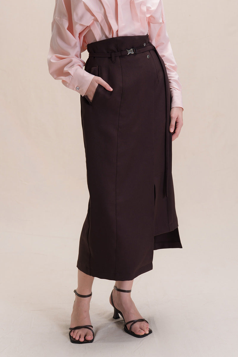 Asymmetric Wrap Midi Skirt In Dark Brown