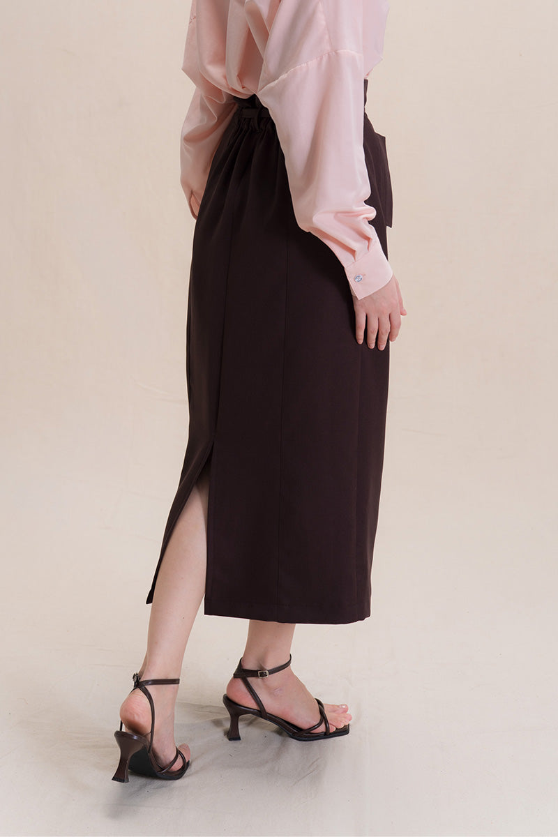 Asymmetric Wrap Midi Skirt In Dark Brown