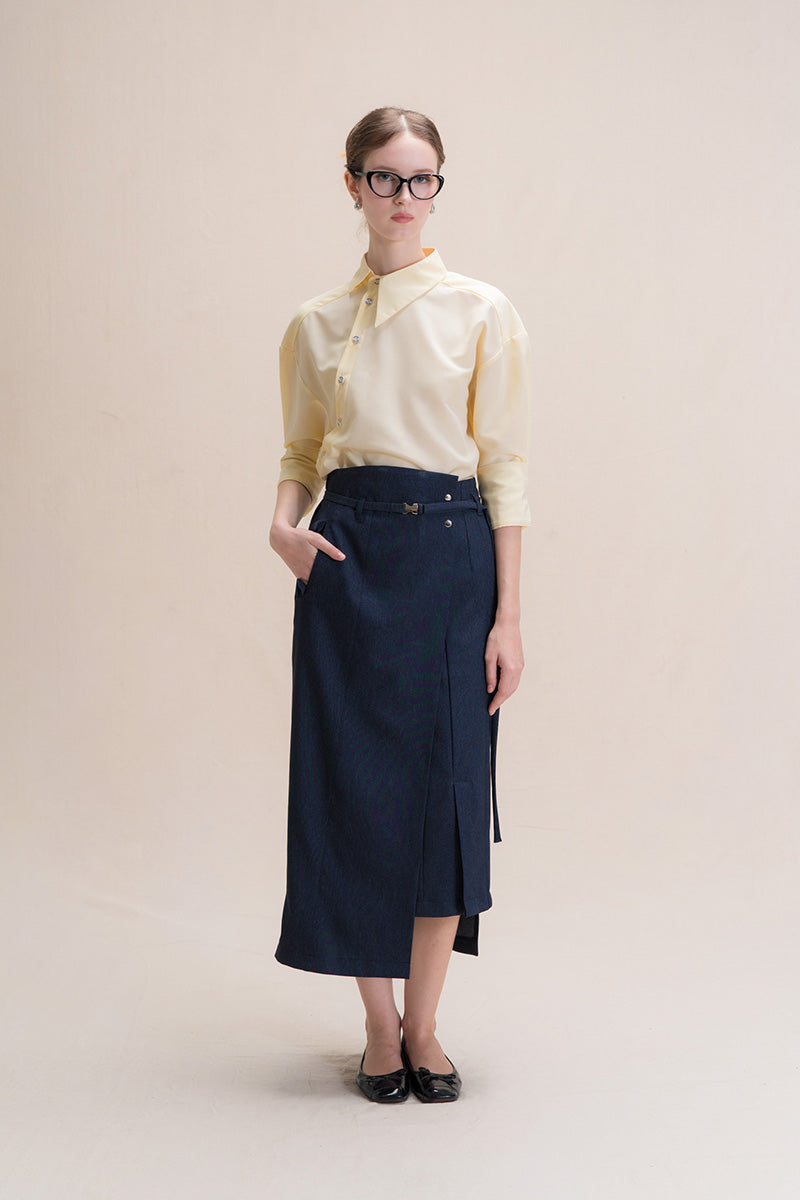 Asymmetric Wrap Midi Skirt In Denim Blue