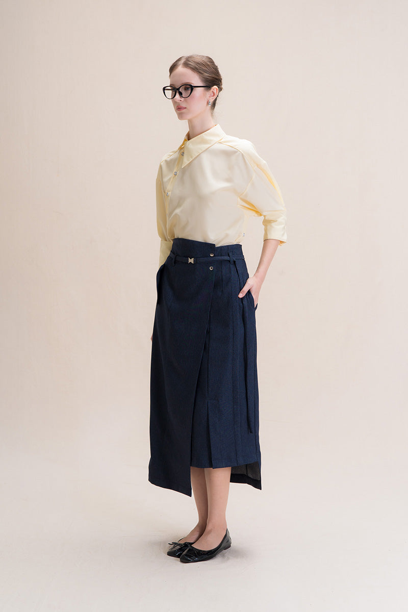 Asymmetric Wrap Midi Skirt In Denim Blue