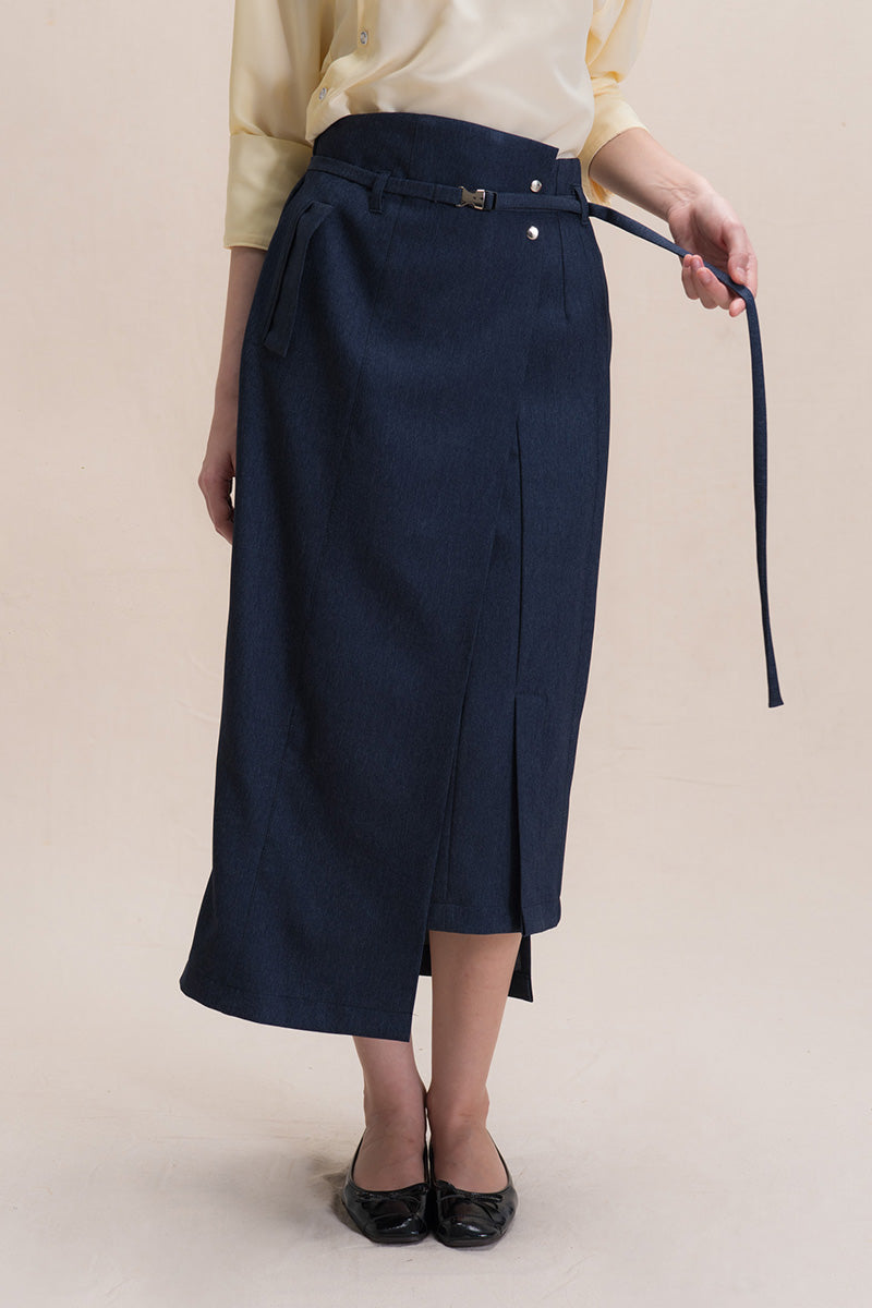Asymmetric Wrap Midi Skirt In Denim Blue