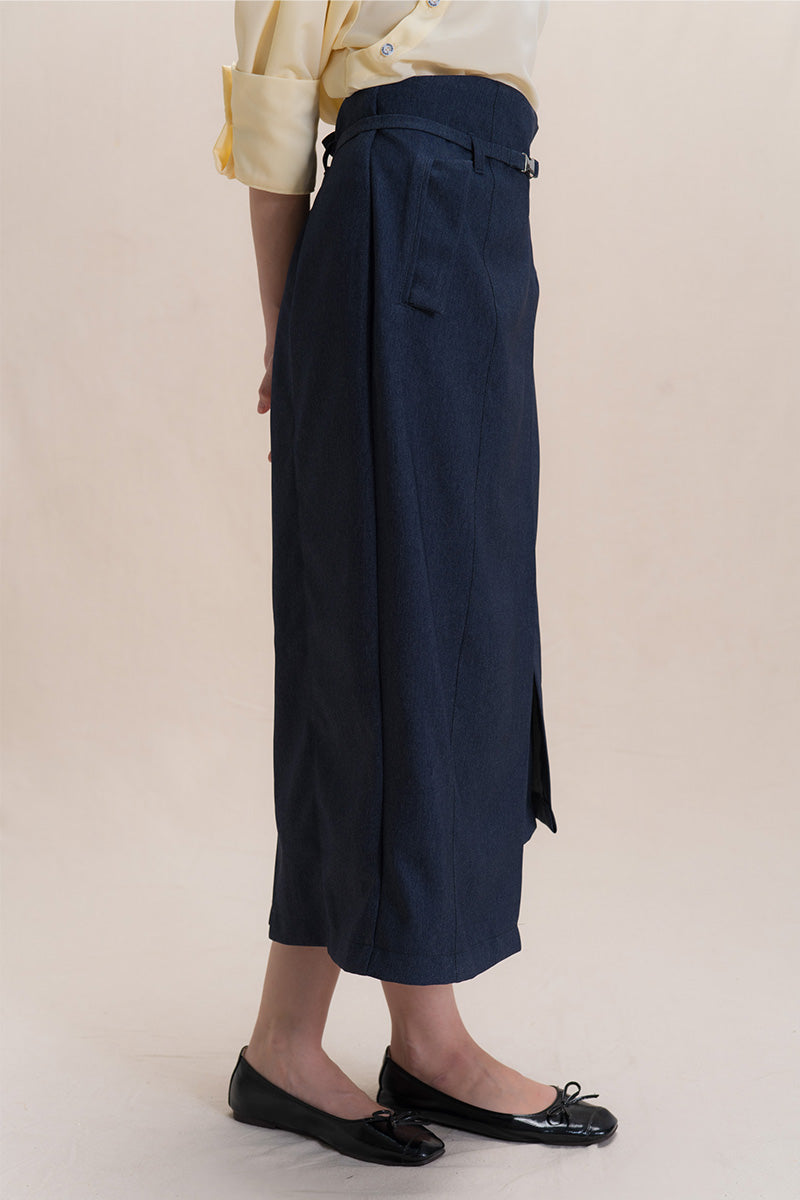 Asymmetric Wrap Midi Skirt In Denim Blue