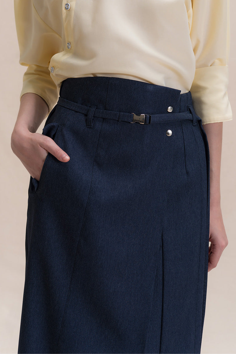 Asymmetric Wrap Midi Skirt In Denim Blue