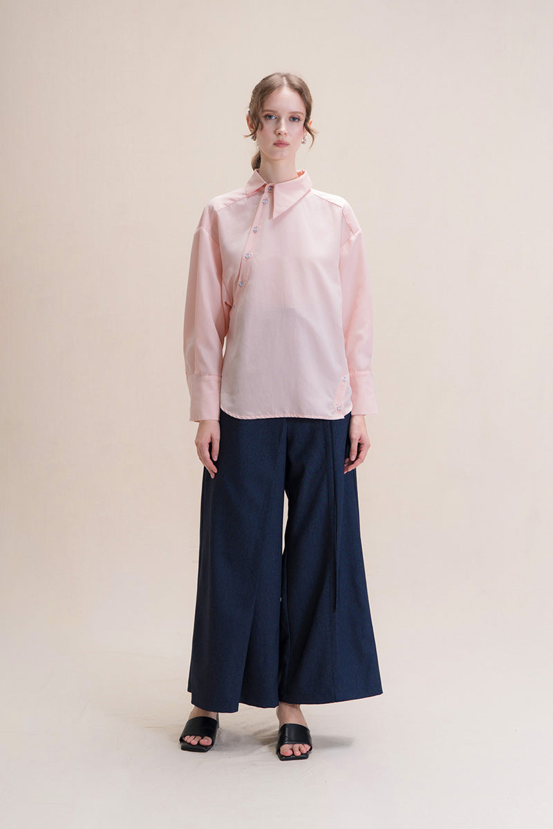 Asymmetric Wrap Wide Leg Pants In Denim Blue