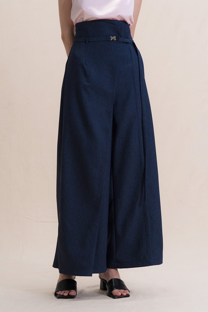 Asymmetric Wrap Wide Leg Pants In Denim Blue