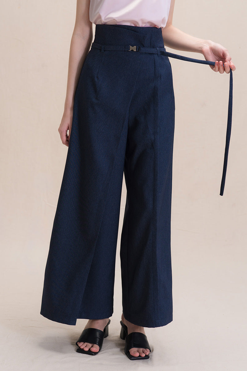 Asymmetric Wrap Wide Leg Pants In Denim Blue