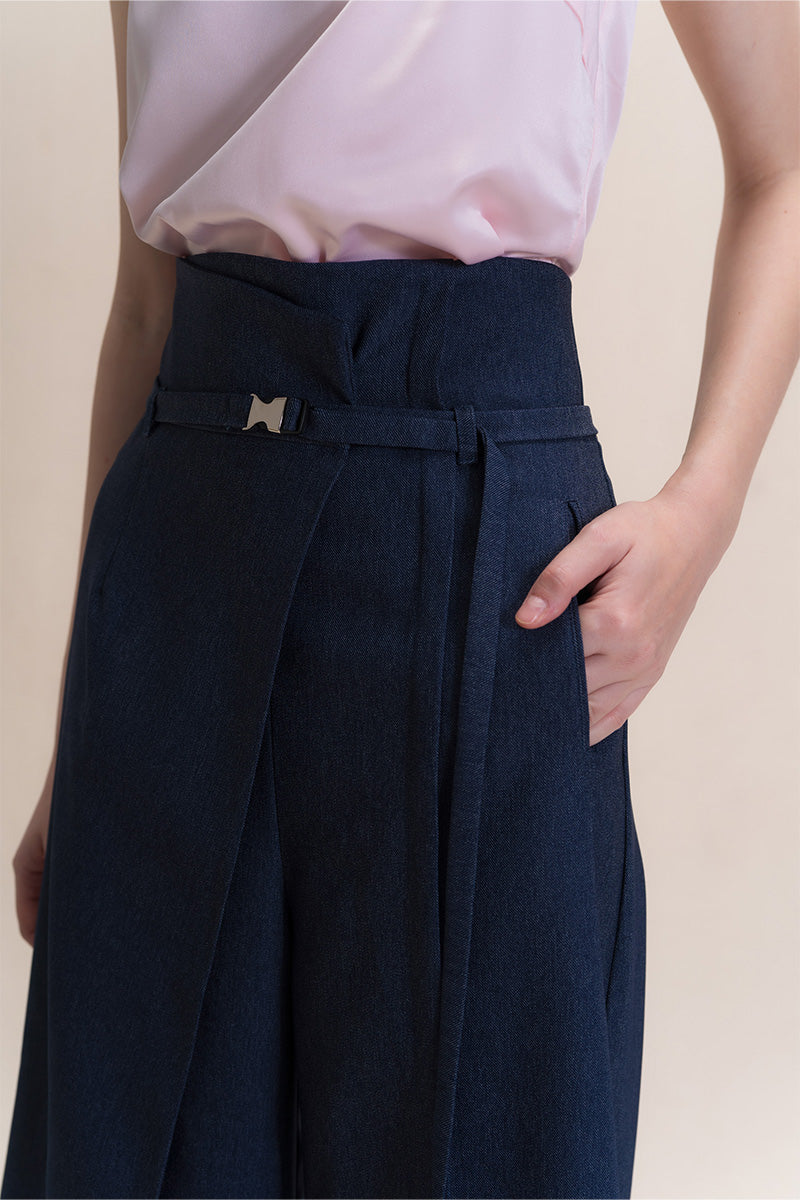 Asymmetric Wrap Wide Leg Pants In Denim Blue