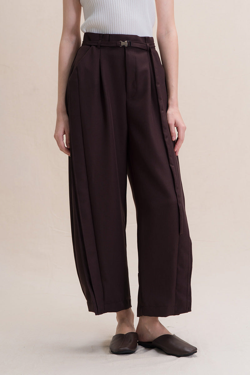 Barrel Pants With Buckle Belt And Side Stripes In Dark Brown