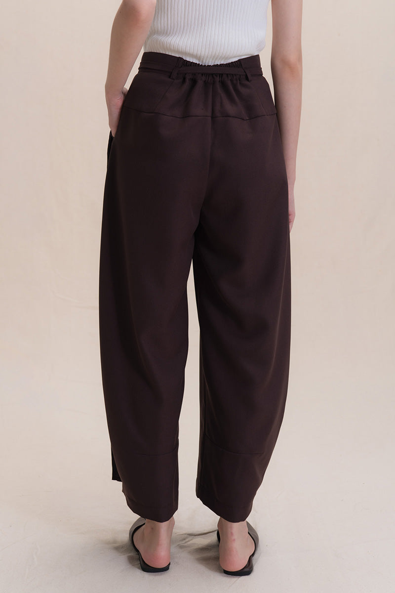 Barrel Pants With Buckle Belt And Side Stripes In Dark Brown