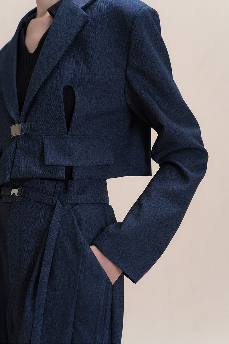 Buckle Cropped Blazer In Denim Blue